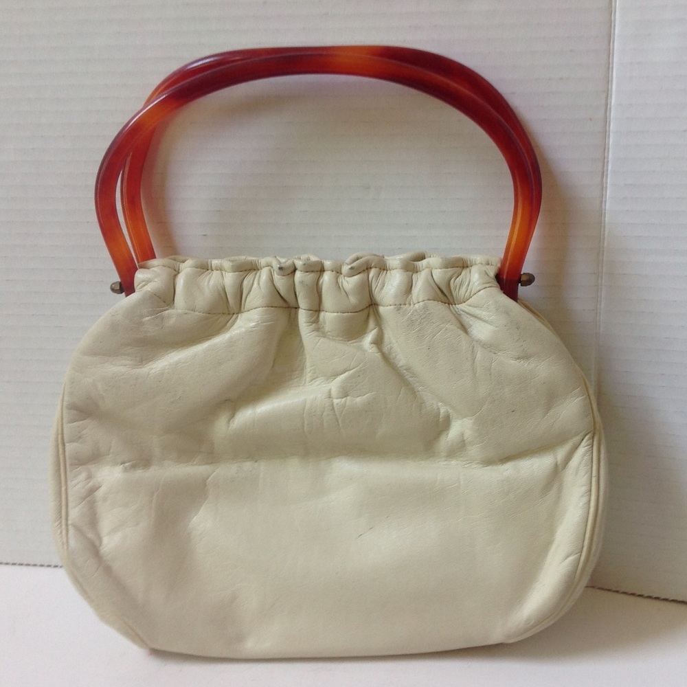 Morris Moskowitz Off White Leather Handbag Lucite